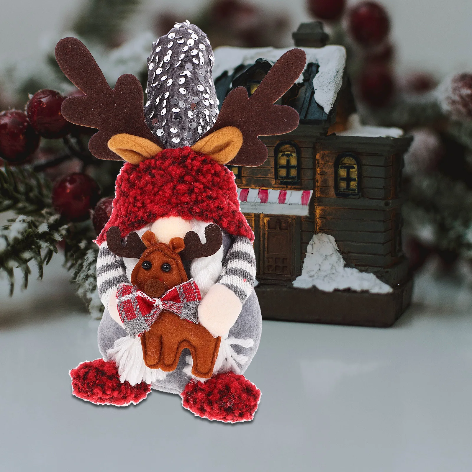 

Lovely Christmas Gnome Sitting Posture Sequin Pointed Hat Ornament Xmas Gnome Decor for Fireplace Desktop Tabletop Holiday Party