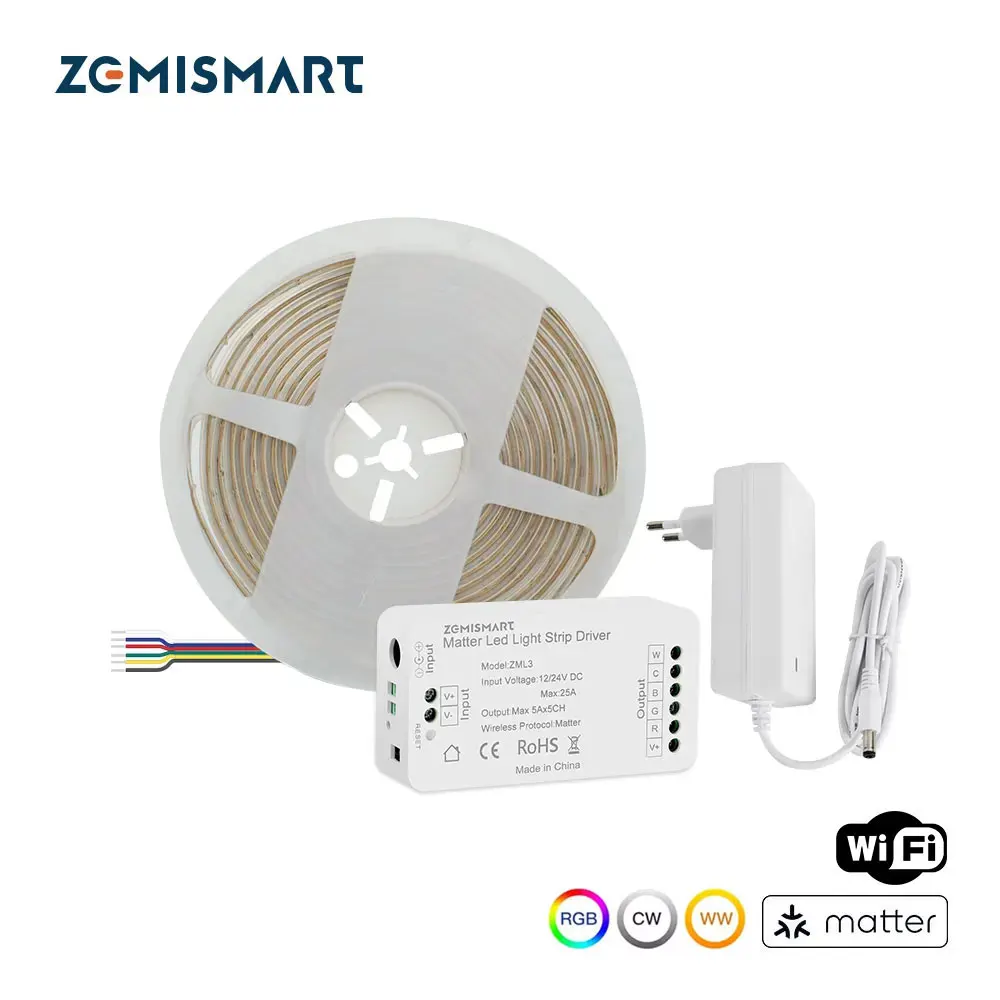 Zemismart COB Led Strip Light RGBCW IP65 with Matter WiFi Led Driver Support Alexa Google Home Smartthings Homekit App Control