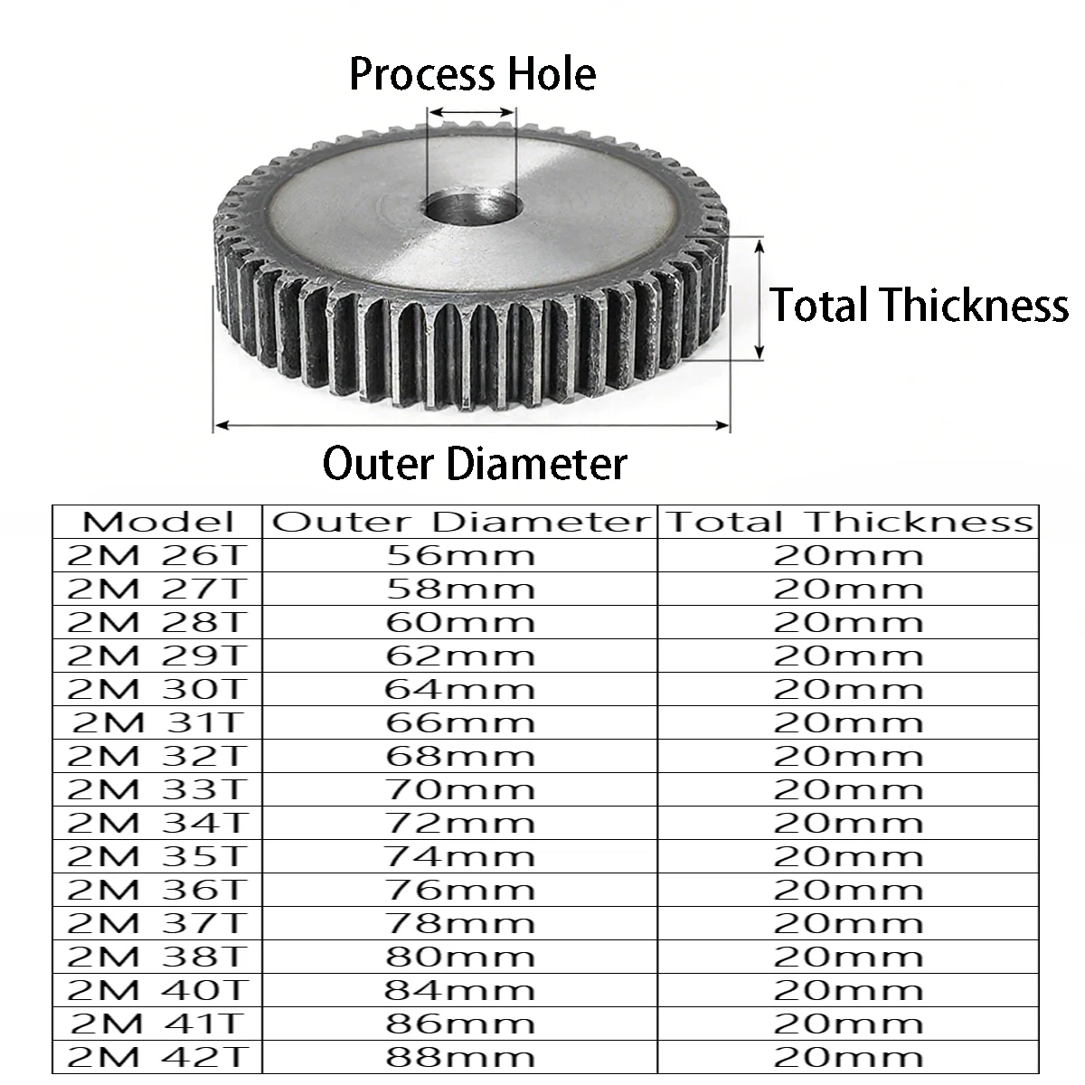 1Pcs Spur Gear Cylindrical Gear 2 Mod 26 Teeth-42 Teeth 2 Module 45# Steel Material Flat Gear High Frequency Quenching Teeth