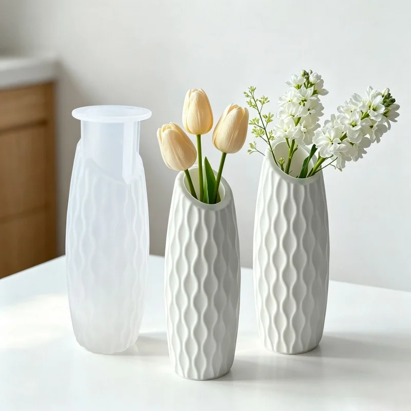 DIY Flat/Bevel Opening Vase Plaster Silicone Mold Handmade Stripe Flower Vase Cement Gypsum Resin Molds Home Decoration Crafts view 6