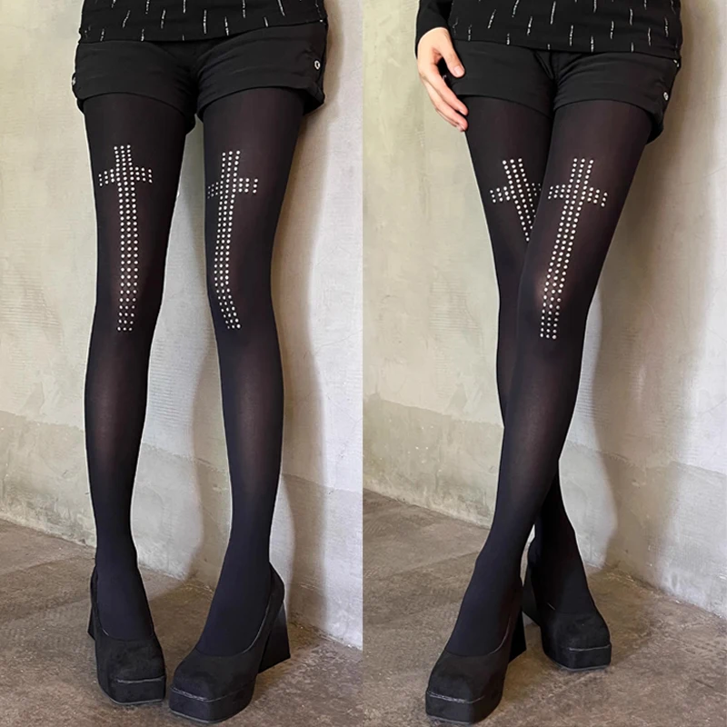 

Gothic Black Cross Rhinestone Stockings Women's Four Seasons Full Length Pantyhose Punk Style Fashion Sexy Tights Underwear