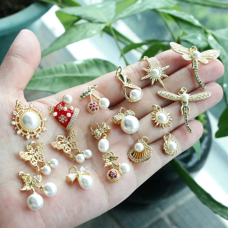 10 قطعة/18 كيلو الذهب مطعمة الزركون اللؤلؤ قلادة الإكسسوار القوس الجوف شرابة قلادة سوار ذاتي الصنع قلادة صنع المجوهرات