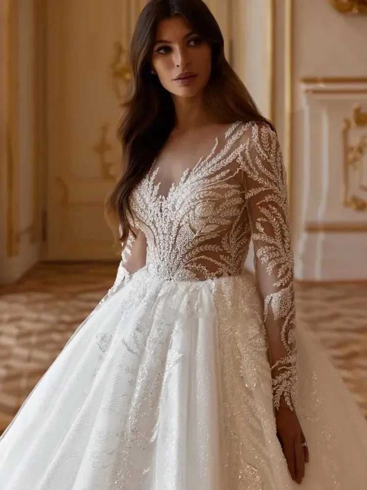 Flavinke personalizado brilhante miçangas apliques rendas com decote em v vestidos de casamento mangas completas robe frisado vestidos de noiva novia