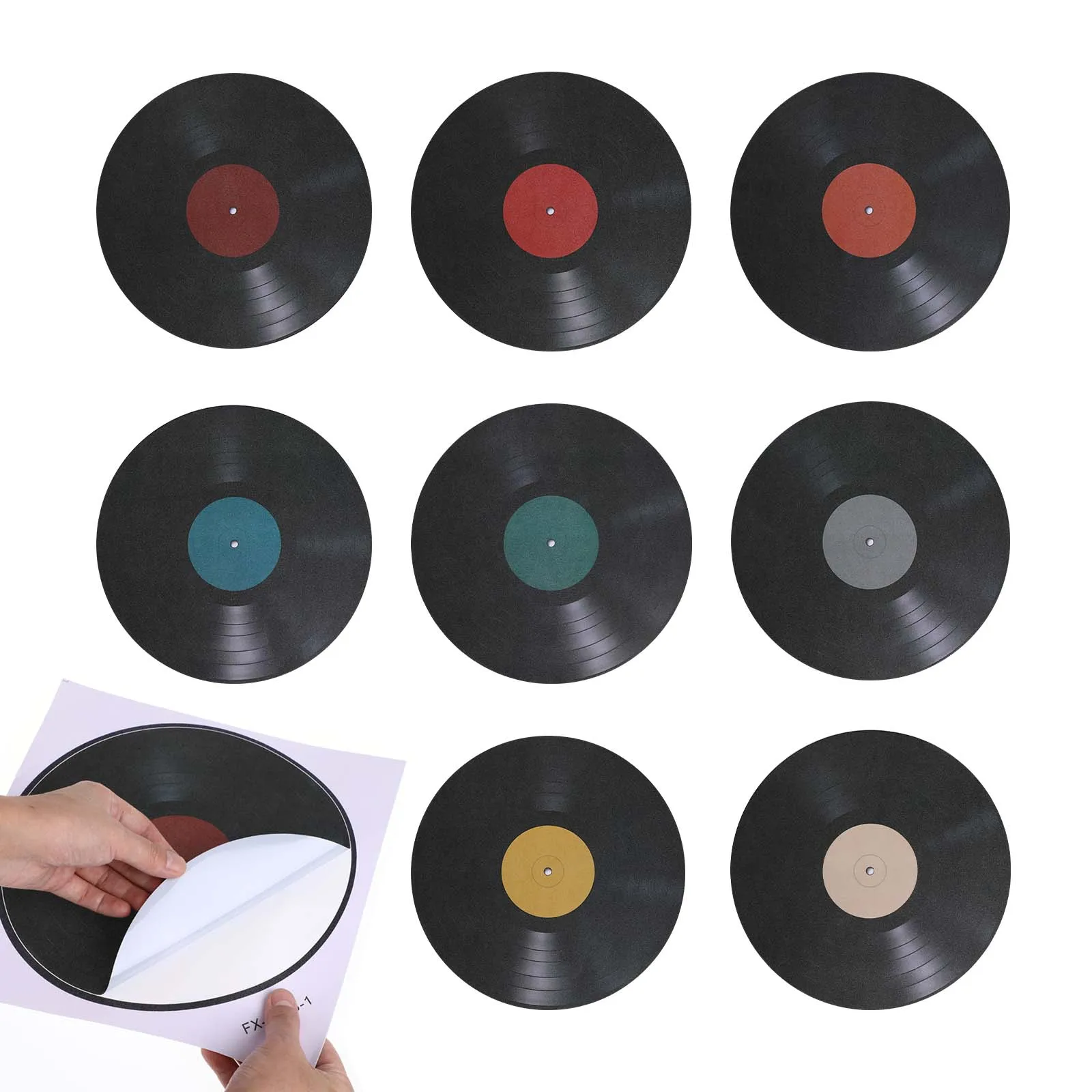 สติ๊กเกอร์ติดผนังลายแผ่นเสียงไวนิล 8 ชิ้น ของตกแต่งสไตล์เรโทร สำหรับร้านกาแฟ บาร์ ตกแต่งผนังภายในบ้าน