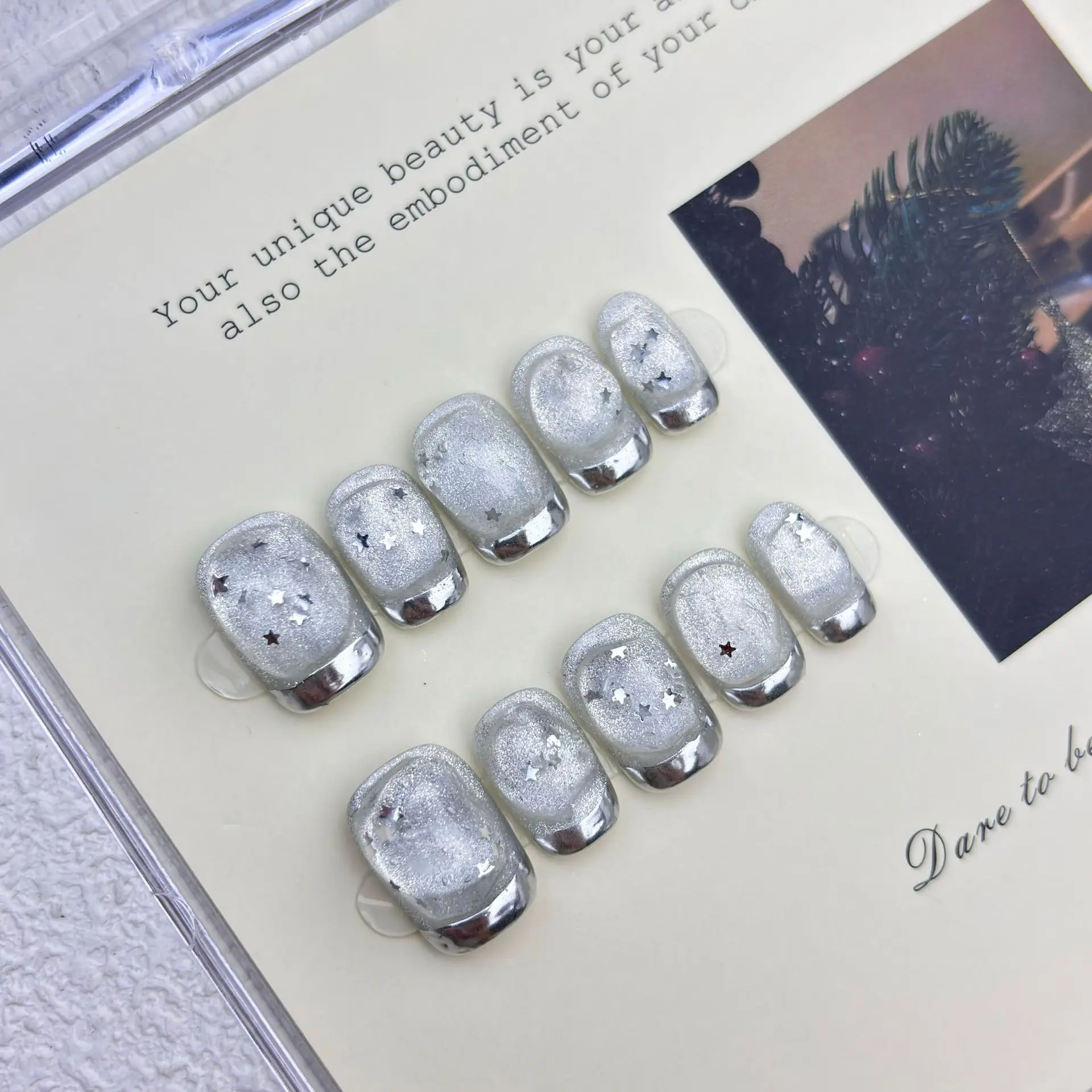 

10 шт. Накладные ногти ручной работы с эффектом кошачьего глаза, мерцающие, серебристые, французский маникюр, для женщин и девушек, съемные, многоразовые, искусственные ногти