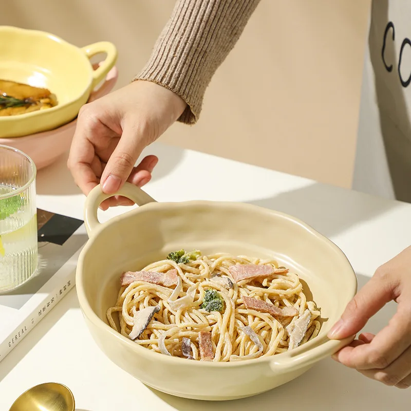 Jenny&Dave Japanese simple double ear anti scalding household 2023 new ceramic salad Noodles in soup bowl creative air frying pa