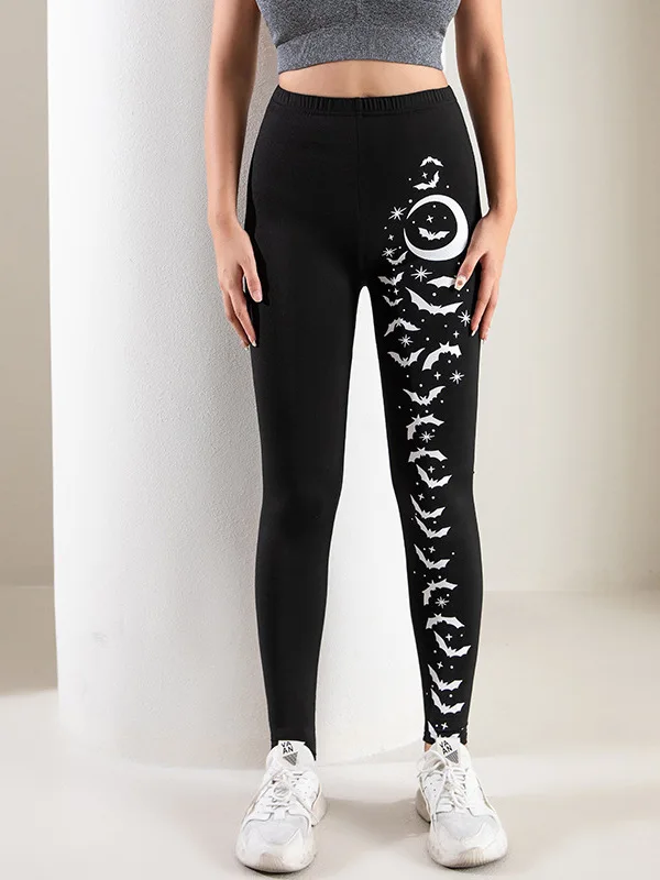 

Спортивные леггинсы с высокой талией и принтом Хэллоуина, женские колготки, эластичные брюки для фитнеса, брюки с девятью точками и принтом летучей мыши