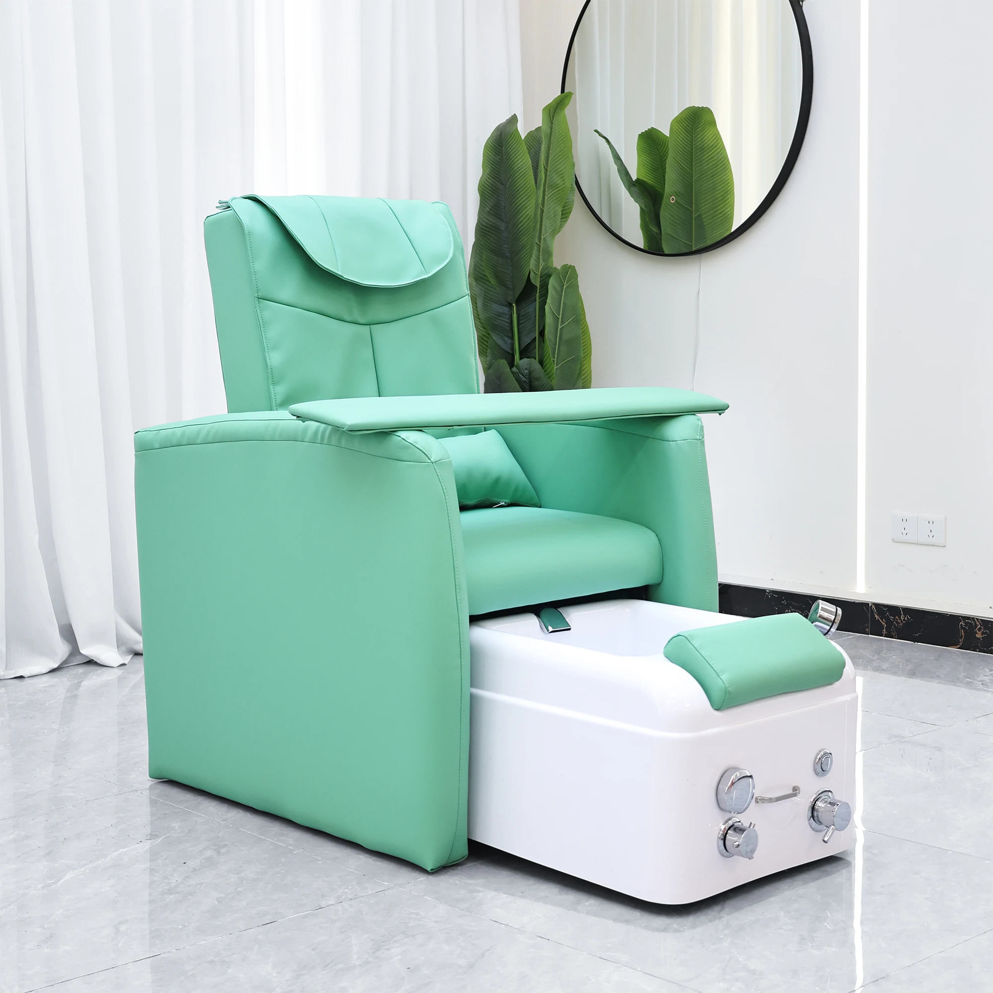 Mint Green Electric Reclining Pedicure Chair with Acrylic Foot Basin, Nail Table Armrest Spa Foot Massage Sofa for Beauty Salon
