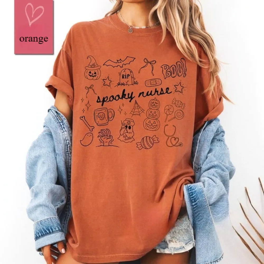 Halloween Spooky Nurse Pumpkin Ghost Printed T-shirt Tops Classic Simple Design Tops  Unisex Trending Street Fashion Cotton Tee