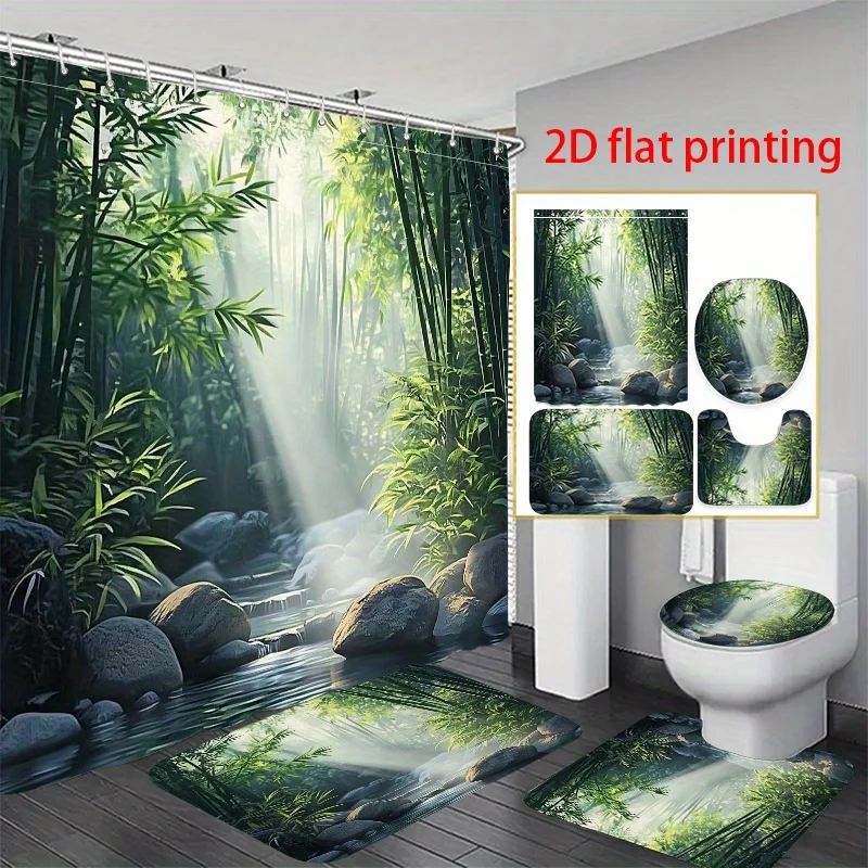 

4 шт., 2D плоская занавеска для душа с принтом, набор для ванной комнаты, солнечный свет через бамбуковый лесной поток, мягкая, высокое качество, большинство ванн