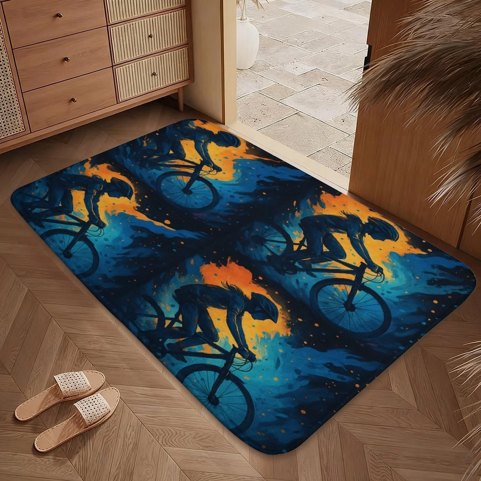 Digital Art Cycling Illustration Doormat – Blue-Orange Night Scene, 50×80 cm Decorative Bathroom Entry Floor Mat