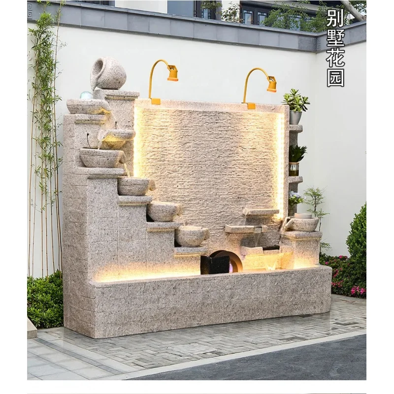 custom.Premium Ivory White Cement Waterfall Fountain Set with LED Lights