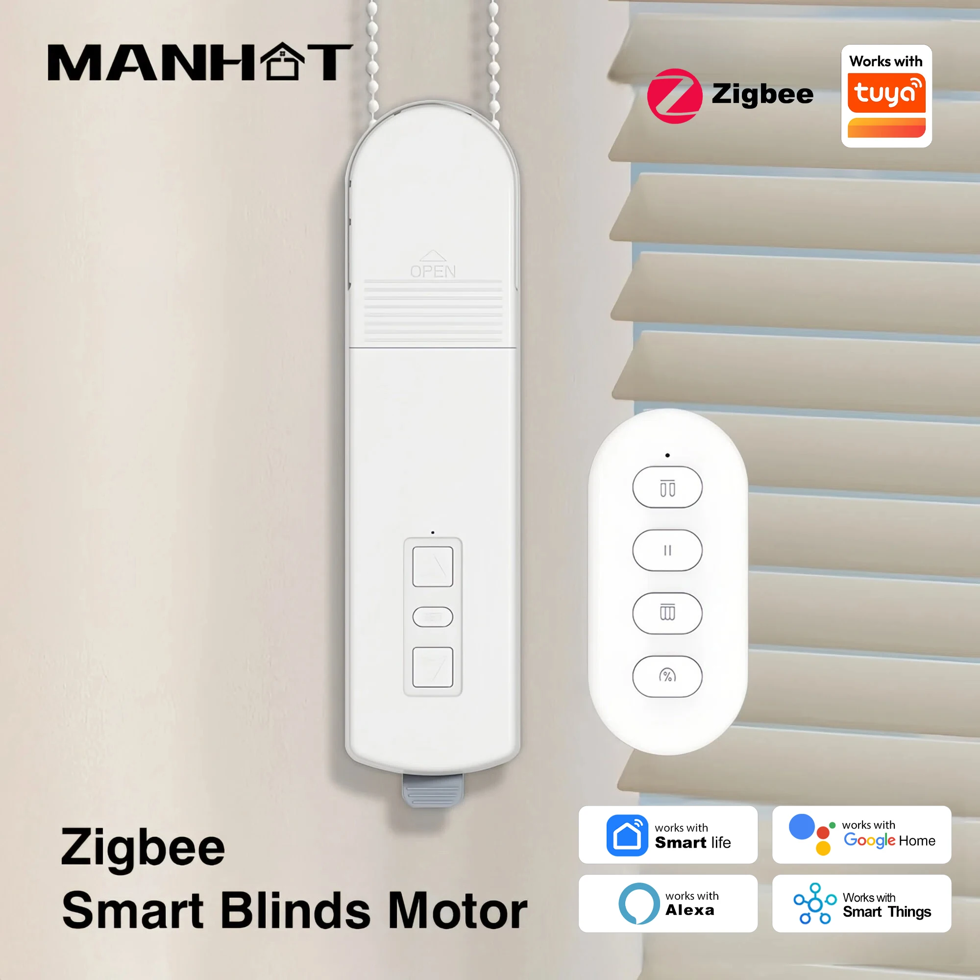 

MANHOT Zigbee Smart Electric Curtain Motor Chain Roller Blinds Pull Bead Curtain Switch System With Solar Panel Work With Tuya
