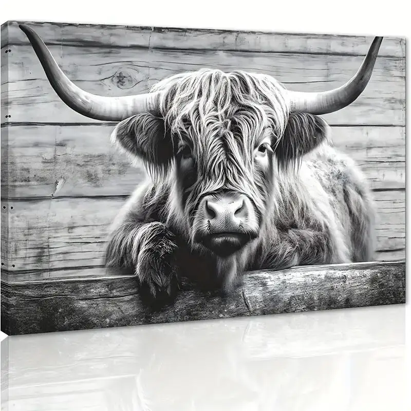 Cute Highland Cow Wall Art Pasture Hairy Cow Animal Pictures Canvas Prints Vintage Wooden Panel Background Black And White Cow