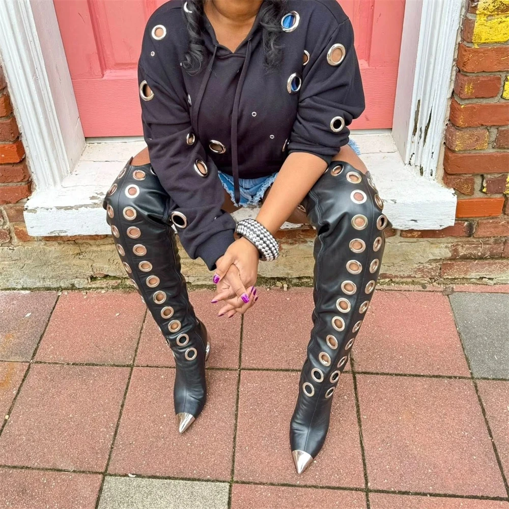 كعب دائري المعادن العيينة الأحذية مصمم فاسق نمط الإفراط في الركبة الأحذية السوداء بولي Leather جلد الذهب وأشار الأحذية تخصيص الألوان #4