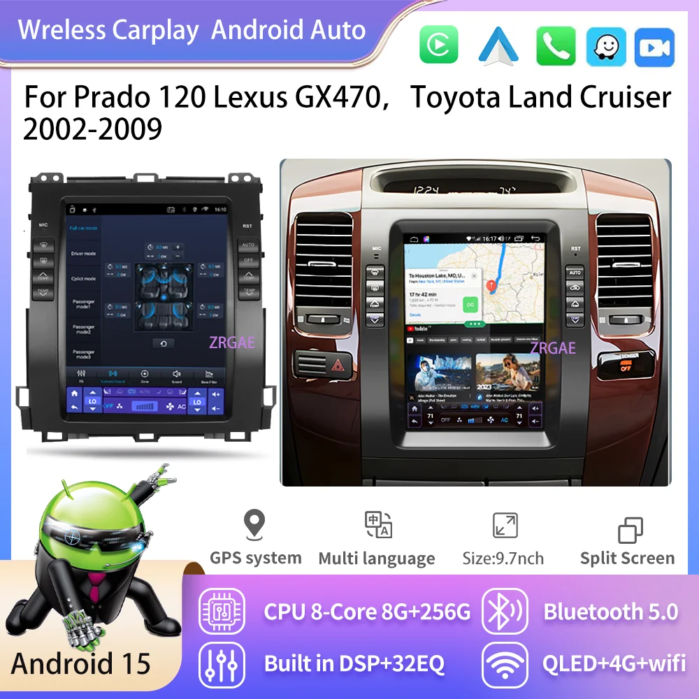 Android15 Car Radio For Prado 120 Lexus GX470 For Toyota Land Cruiser 2002-2009 Multimedia Video Player Tesla Style Carplay Nav