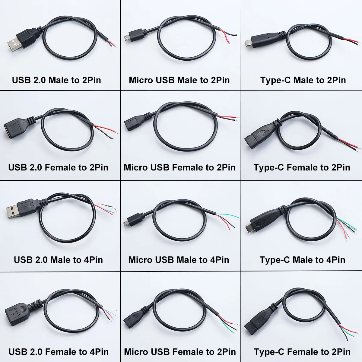 JCD 2Pin 4Pin Micro USB / Type C USB 2.0 Charger Connector Male Female Power Supply Extension Cable Wire DIY Data Line 25-30cm