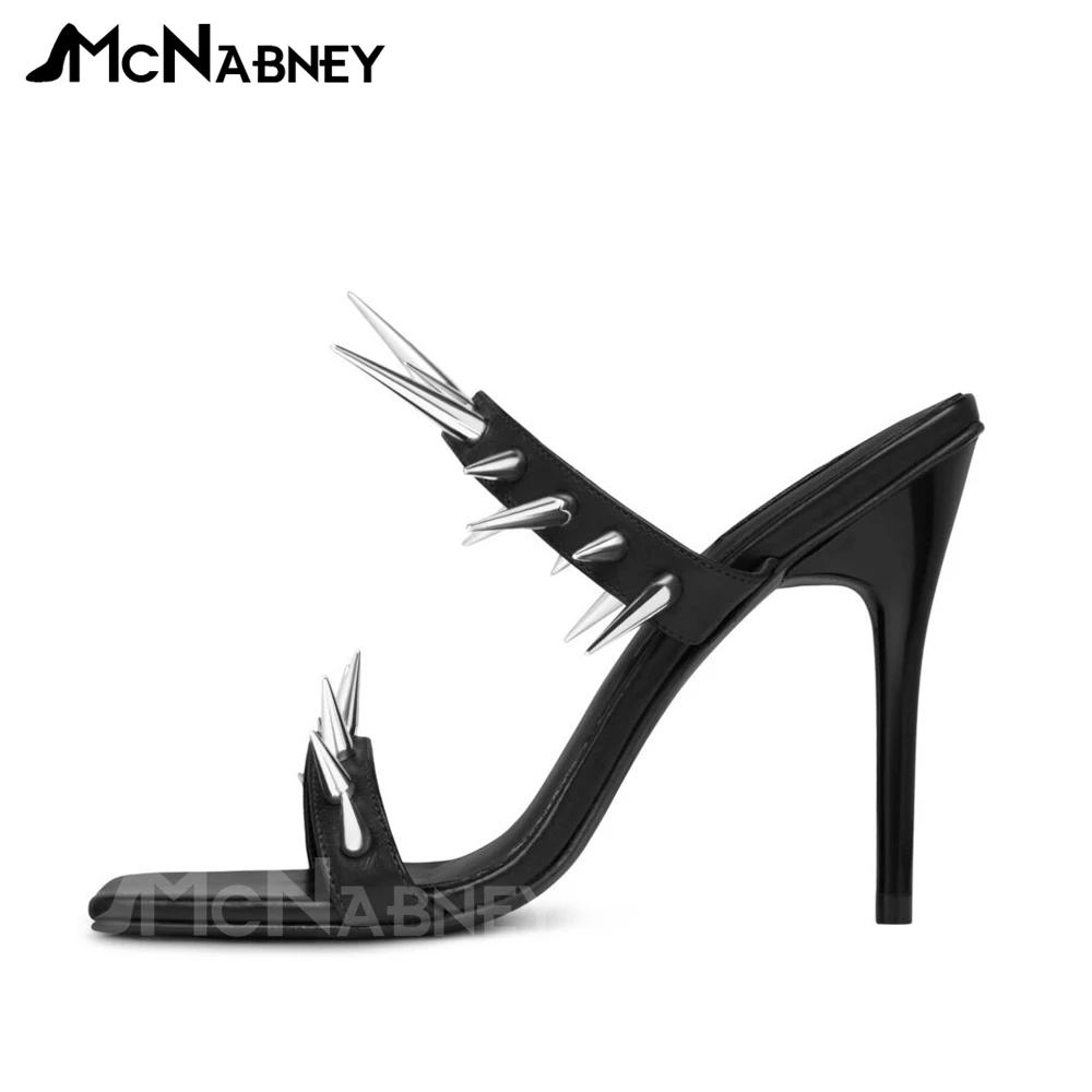 Black Leather Mules with Spikes Self Defence Fashion High Heels Open Square Toe Stiletto Slippers Sexy Summer Sandals for Women