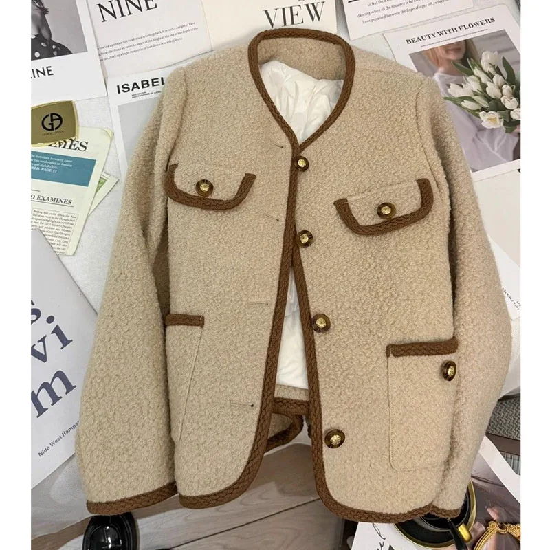 

Autumn Winter French Xiaoxiangfeng New Coat Girl Thicken Khaki Color Loose Cotton Clothing Coats Lambhair Granular Velvet Jacket