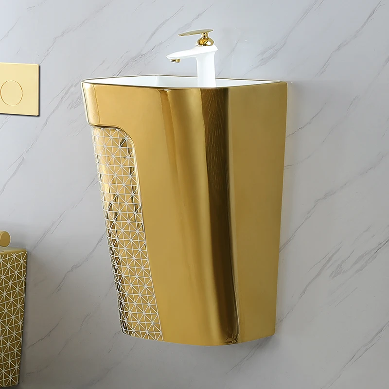 Square Ceramic  Water Closet Wall Mounted Bowl Wall Mounted Bathroom Hand Wash Basin Sink  Toilet Set Gold with - view 3