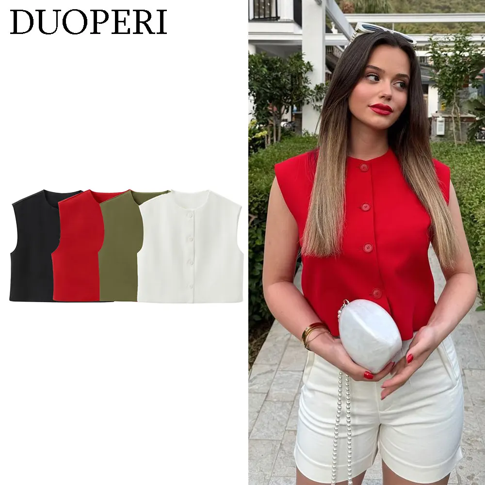 

DUOPERI Women Fashion Solid O-Neck Sleeveless Vest Tops Female Chic Lady Basic Vintage Tank Waistcoat
