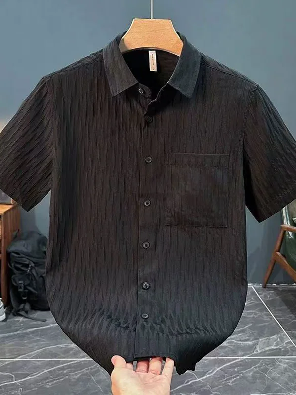 Summer Thin Men's Casual Loose Fit Short Sleeve Striped Embroidered Shirt Breathable Lightweight Fashionable Top Polyester Fiber