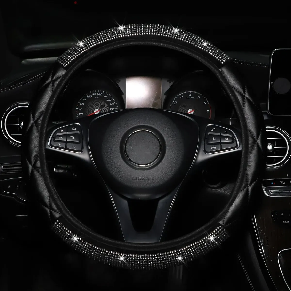 Skin Sense Three-dimensional Artificial Sheepskin Diamond Flash Car without Inner Ring Steering Wheel Cover Fits 14.5-15 Inches