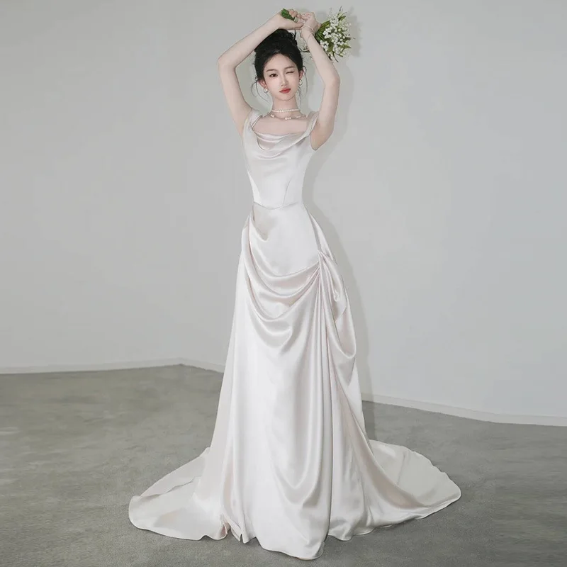 

Элегантное атласное свадебное платье со шлейфом, винтажное вечернее платье для путешествий, фотостудии, простое и нарядное