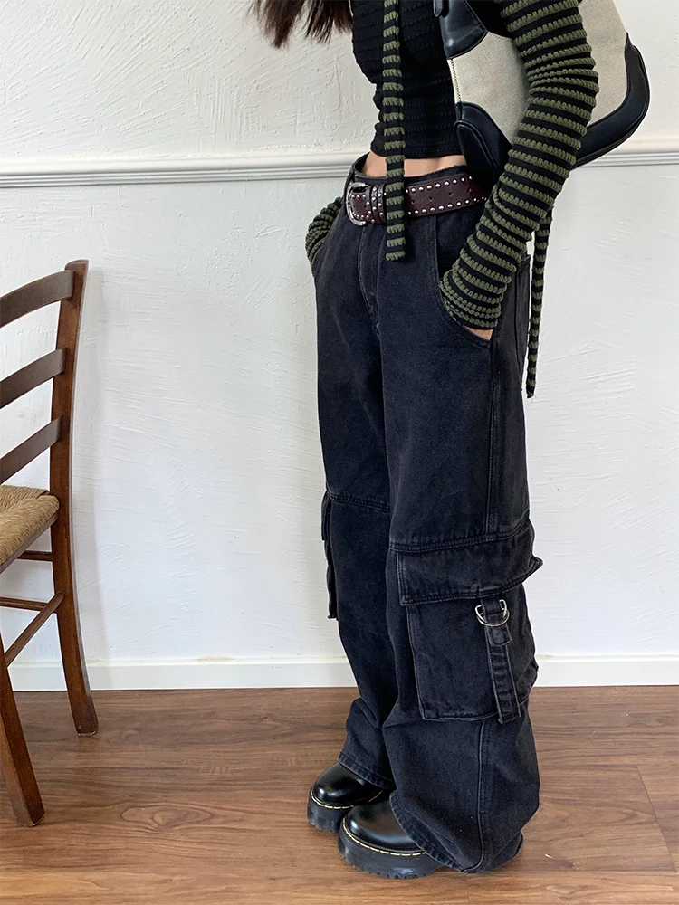 

NIDEBLA Korean Sle Casual Waed Denim Workwear Jeans Women's Straight Leg Vintage Multi-ket Loose Leg Long Trousers