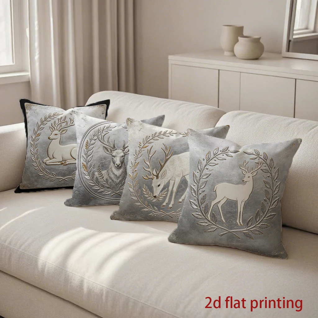 Vintage Deer Wreath Pattern Cushion Cover Suitable for Sofa Bedroom Car Pillow Cover