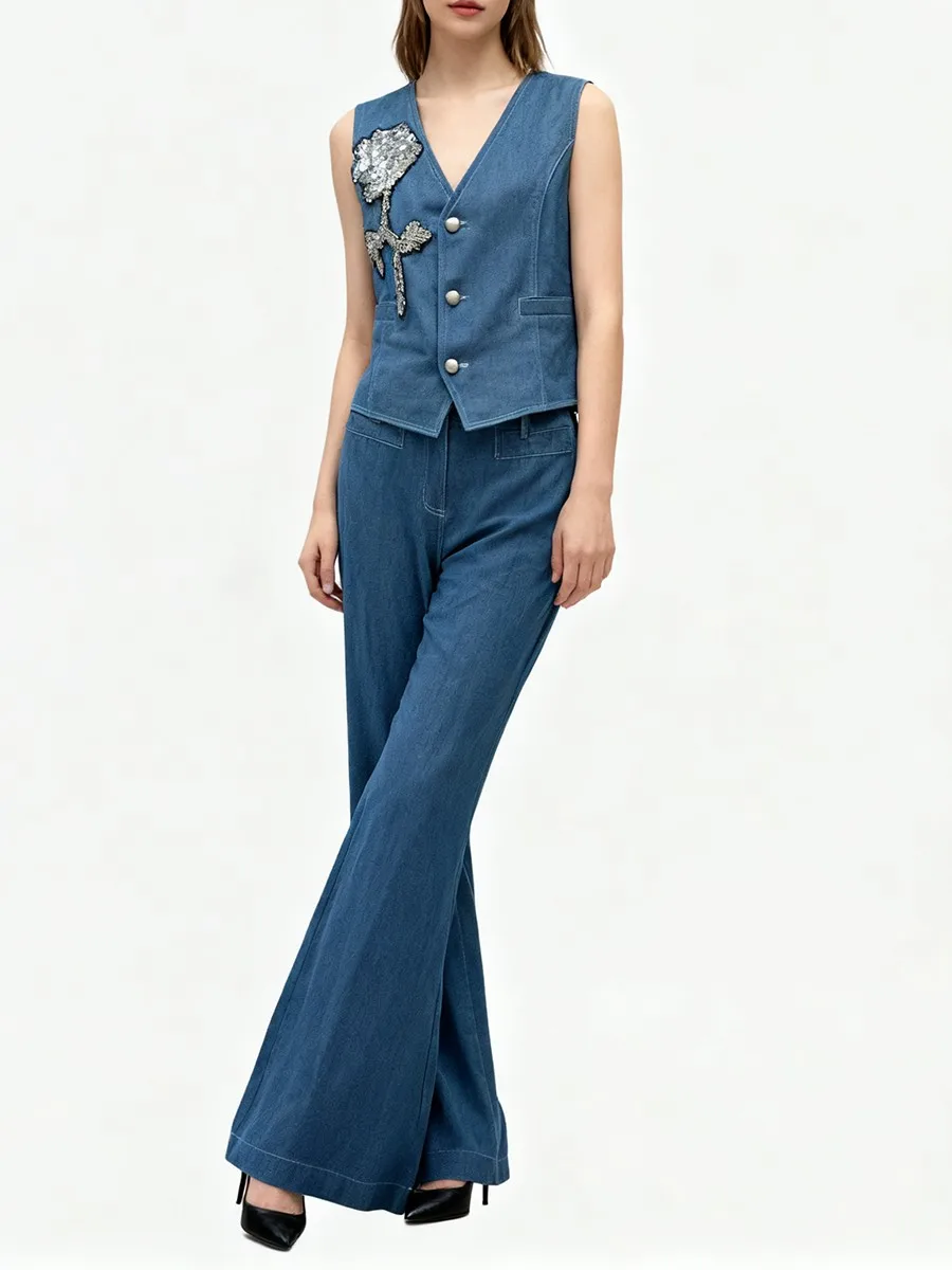 TWOTWINSTYLE Abnehmen Cowboy Zwei Stück Sets für Frauen V-ausschnitt Ärmellose Verstärktes Perle Top Hohe Taille Hose Mode Set Weibliche Neue