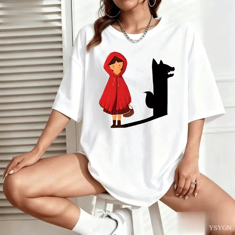 Women Little Red Riding Hood and Wolf Graphic TShirt Fairy Tale Cartoon Print Soft Cotton Ladies Tees Cute Story Summer Clothing
