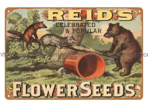 REID'S CELEBRATED POPULAR FLOWER SEEDS foxes bear tin sign garage wall art tin sign