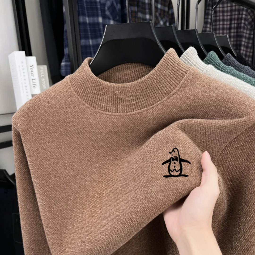 2026 Luxury Autumn and Winter New Velvet Warm Knitted Sweater Fashion Men's Brand Classic Penguin Embroidered Round Neck Hoodie