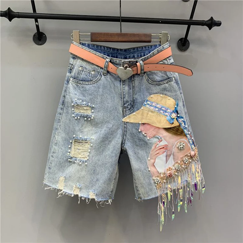 2025 Summer Heavy industry tassel sequins nail beads ripped Denim Shorts Women's streetwear New 5 point Straight leg Shorts