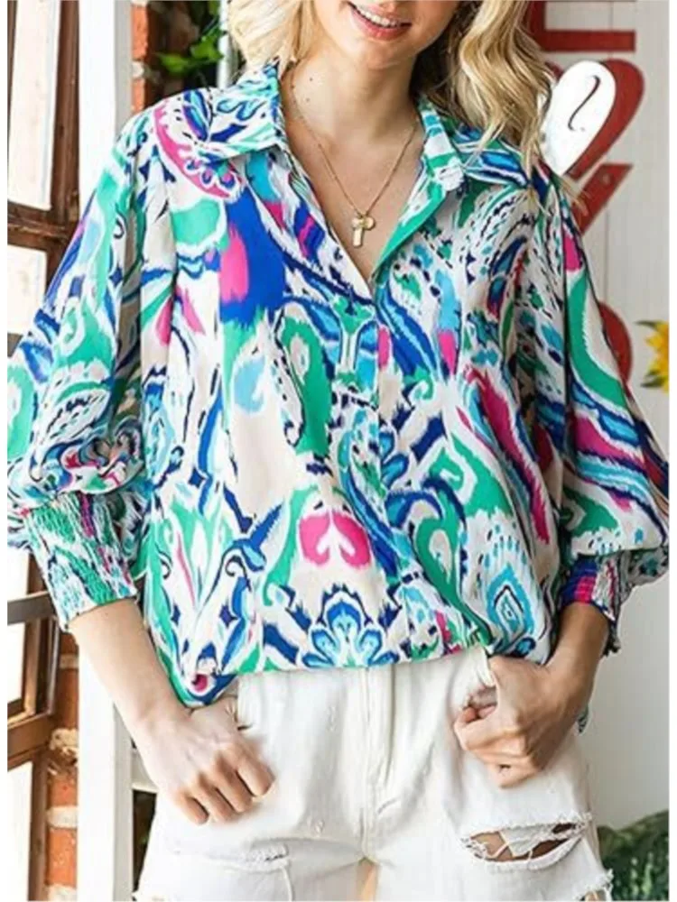 Blusa holgada informal de manga larga con solapa para mujer, camisa elegante con estampado de linterna para oficina, primavera y otoño, 2024