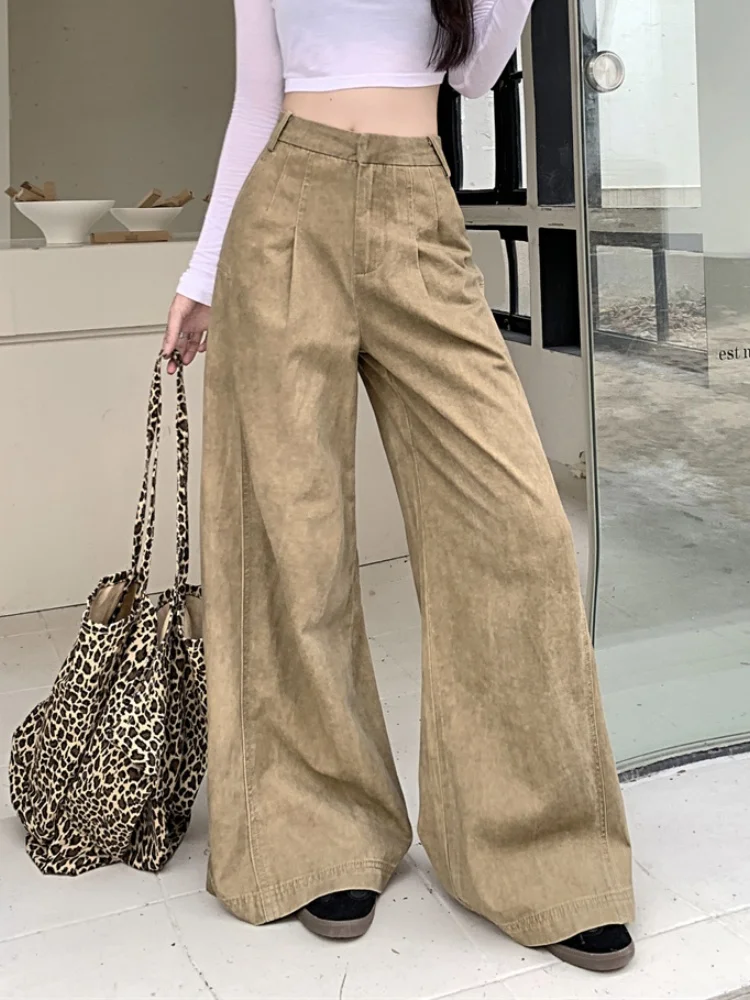 2025 Cyber Y2K Fashion Distressed Khaki Baggy Pleated Jeans Pants For Women 90S Vintage Clothes Kpop Wide Leg Lady Long Trousers