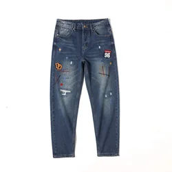 Pantalones vaqueros rasgados para hombre, Jeans largos con letras bordadas, informales, lavados, novedad de 2024