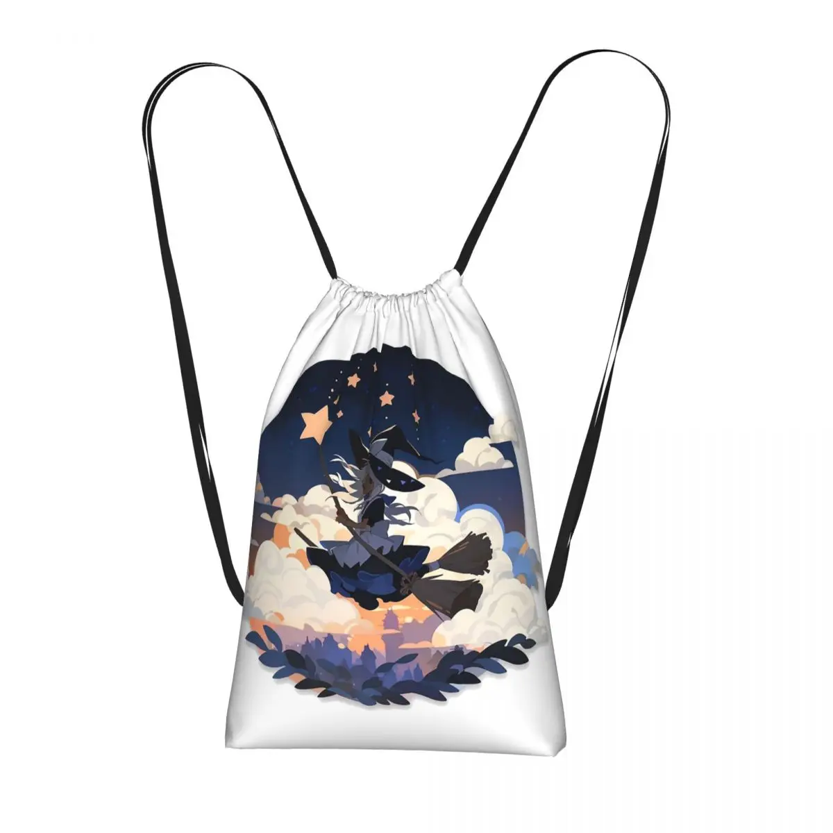 Flying Witch And Bat In The Sky Backpacks Portable Drawstring Bundle Pocket Sports Bag Book Bags for Travel Students