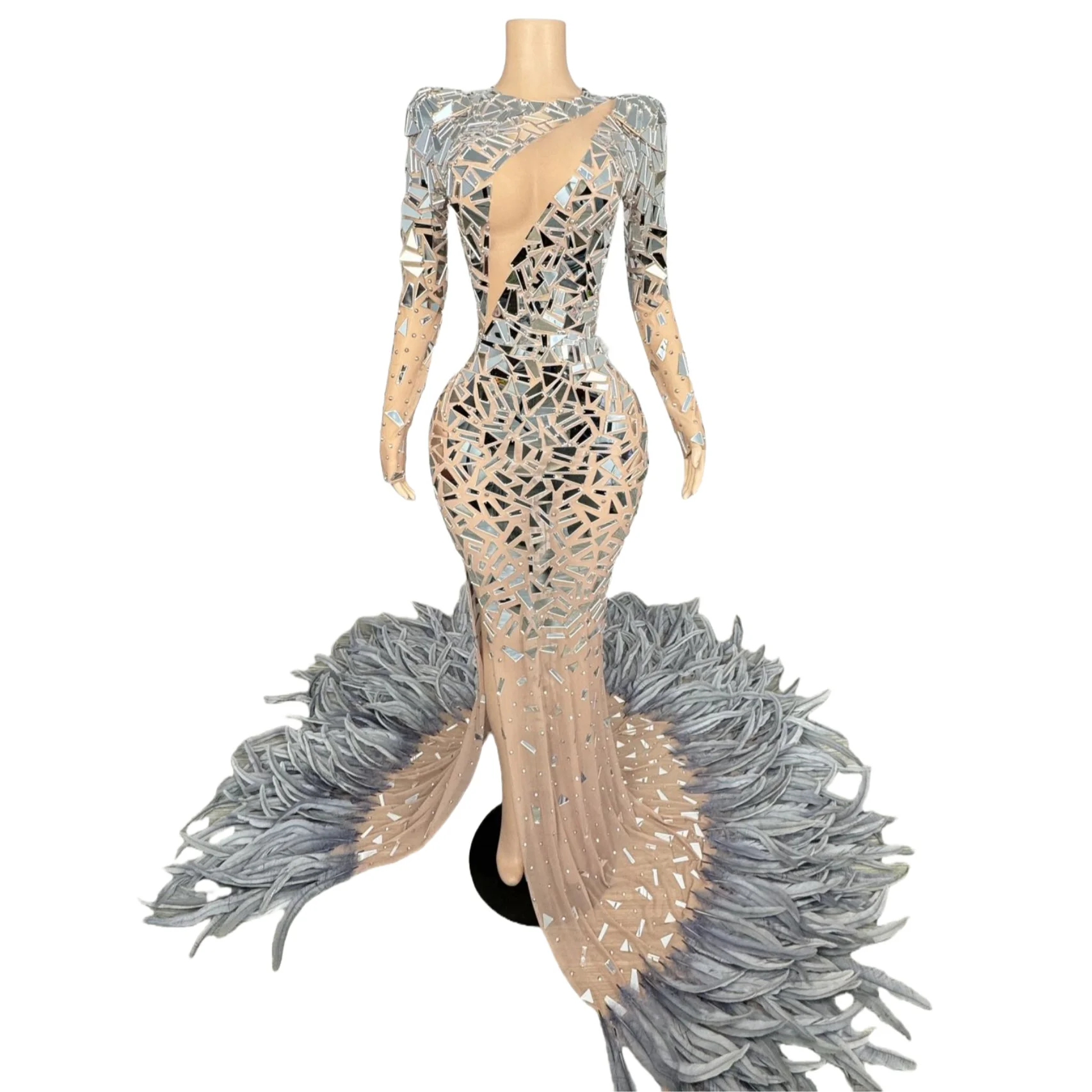 

Women Luxury Feather Floor-length Dress Sexy Sparkly Sheer Mesh Mirrors Celebrity Dress Birthday Celebrate Gown Photo Shoot Wear