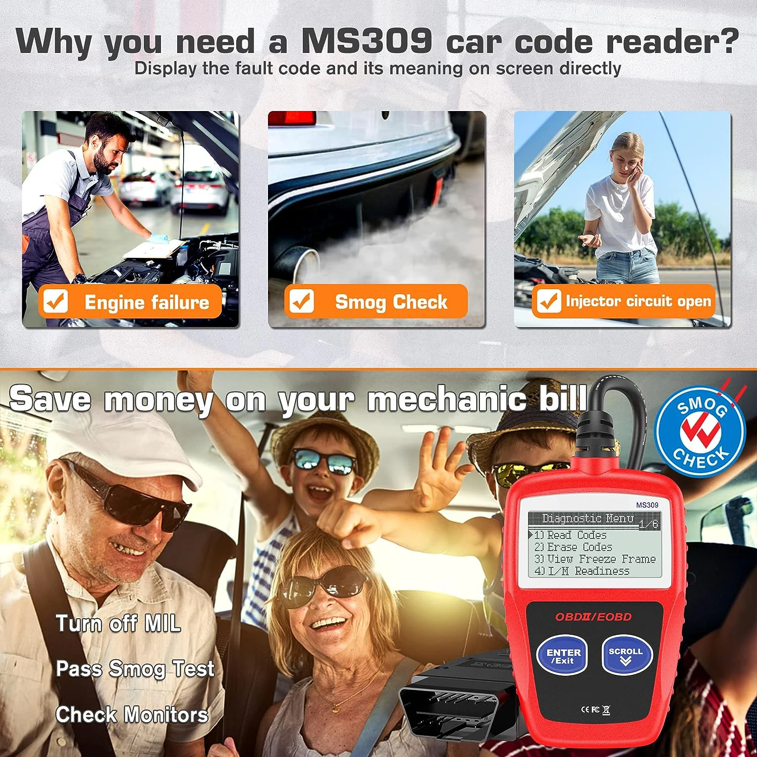 MS309 Multi-Language Automotive Engine Error Code ReaderCheck Engine Light and Emissions Monitoring StatusOBD2 CAN Scan Tool