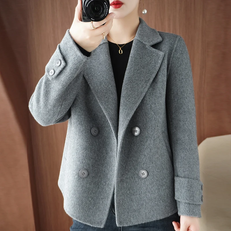 

Высококачественное шерстяное пальто, женское двубортное пальто, весна-осень-зима, куртка из 100% шерсти, женская короткая верхняя одежда, шикарный универсальный топ