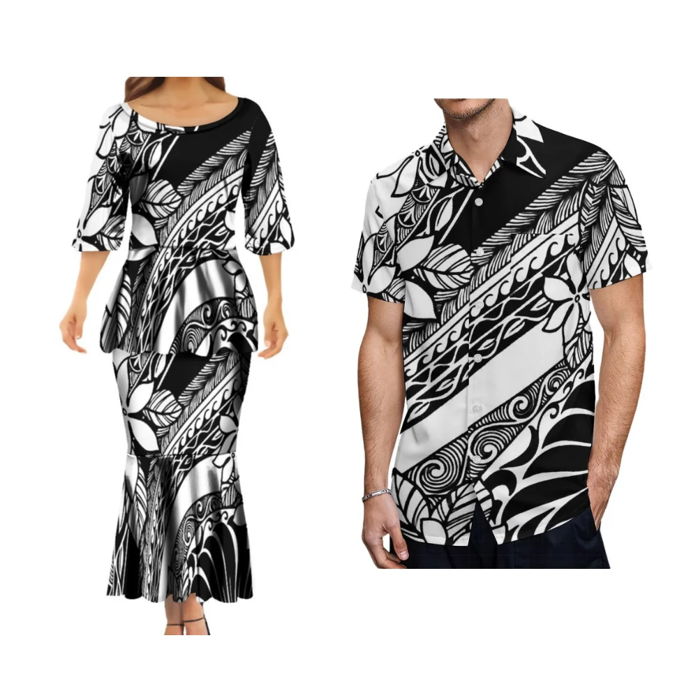 Polynesian Puletasi Pleated Fishtail Skirt Slim Maxi Dress Samoan Print Couples Matching Dress Hawaiian Formal Men\'S Shirt