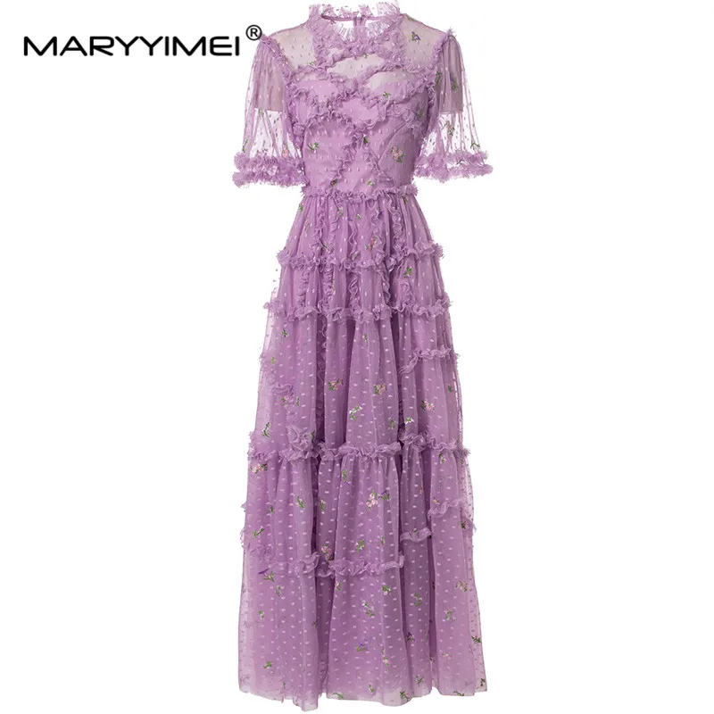 

MARYYIMEI Spring Summer Women's Stand Collar Short Sleeve Mesh Embroidery Splicing Mushroom Edge Party Dresses