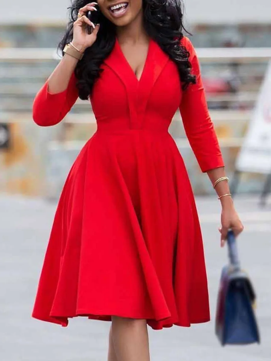 

LW Red Elegant Slim Fit V Neck A Line Dress Pressed Pleat 3/4 Sleeve Plain Midi Dresses Workout Office Lady Clothings