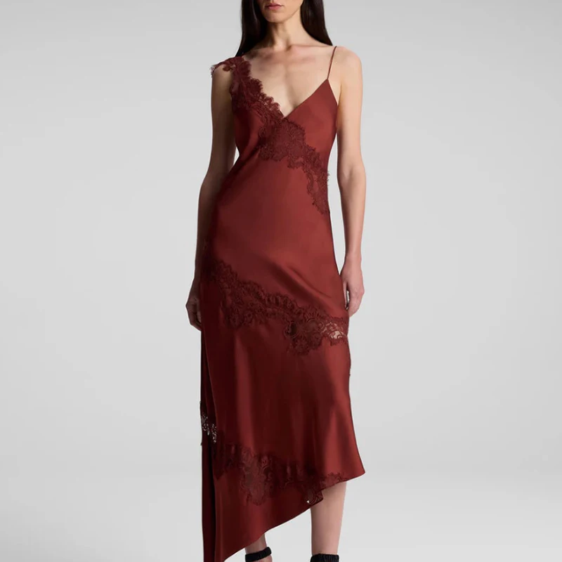 2025 Wine Red Lace Slim Party Dress Sexy Sleeveless Suspender Summer Long Dress Casual Backless Hollow Out Satin Women's Dress