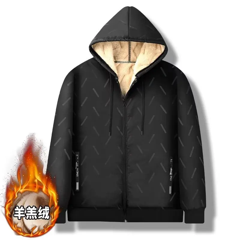 Winter Lamb Fleece Coat Men\'s and Women\'s Set Hooded Cotton Coat Men\'s Plus Fleece Plus Fat Size Cotton Coat Down Cotton Coat