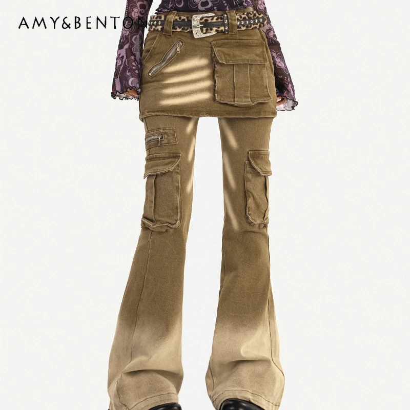 

Vintage Design Workwear Multi-Pocket Women's Bell-bottoms Autumn New Sweet Cool Sexy Hot Girl Floor-Length Skirt Pants Ladies