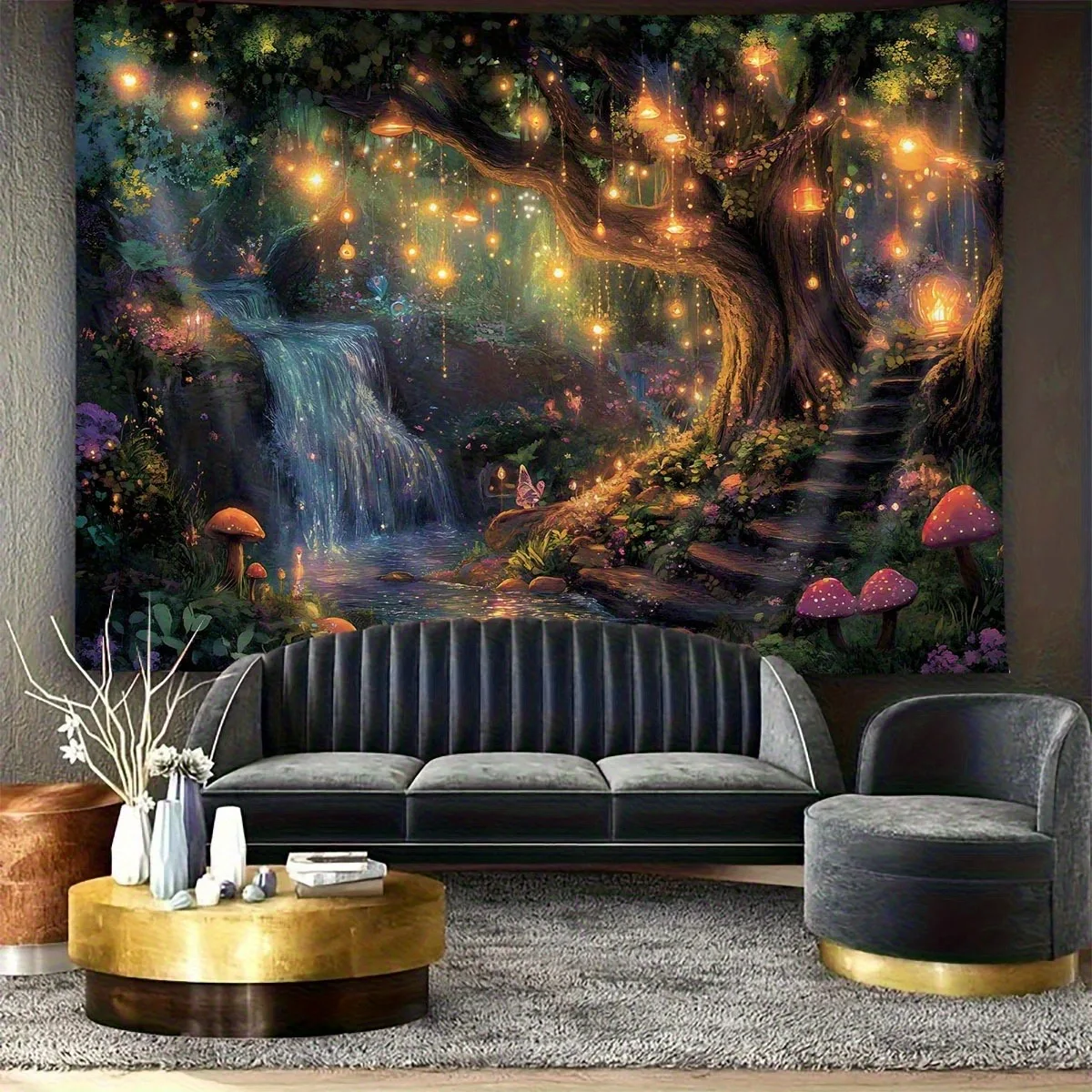 1Pc Mushroom Forest Tapestry Magical Waterfall Glowing Orbs Velvet Wall Hanging Boho Home Decor For Bedroom Living Room Dorm