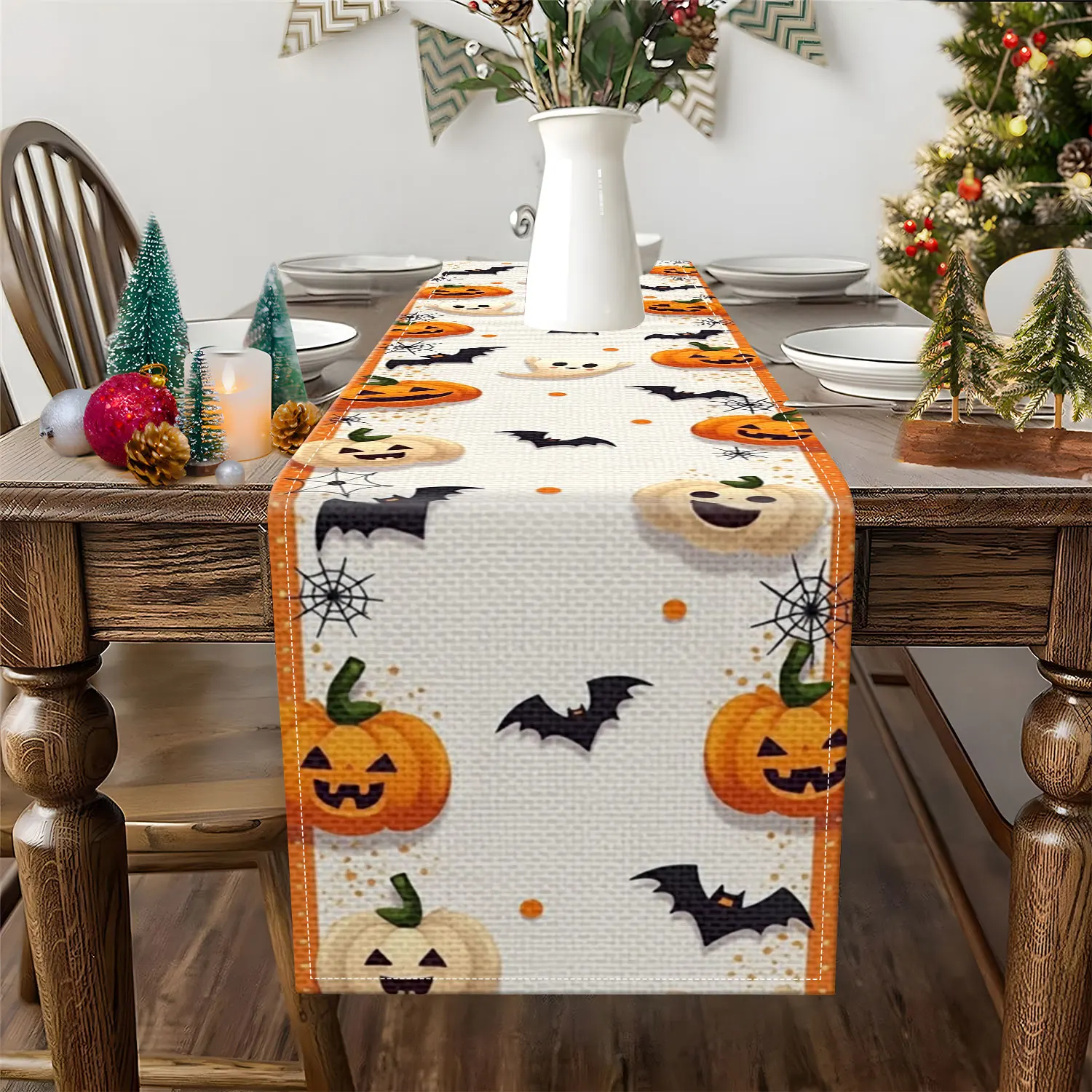 قطعة واحدة من مفرش طاولة بطابع الهالوين مع أنماط اليقطين والشبح والخفافيش، مناسبة لحفلات الهالوين وديكورات العطلات #2